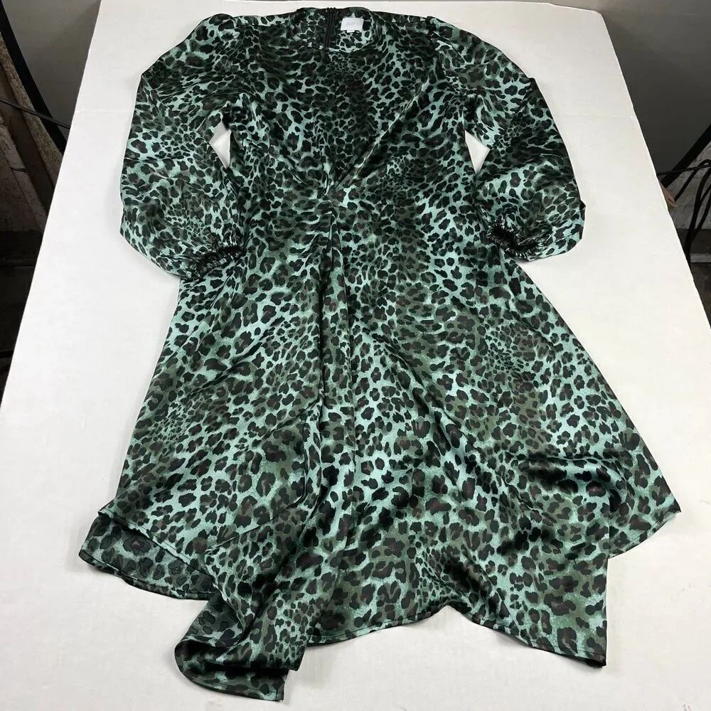 Sen A-Line Midi Dress Animal Print Asymmetric Long Sleeve Cinched Waist  SMALL